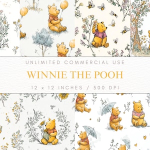 Könnte beinhalten: Eine Sammlung von Aquarellillustrationen mit Winnie Puuh in verschiedenen Posen, umgeben von floralen und natürlichen Elementen. Der Text "UNLIMITED COMMERCIAL USE" und "WINNIE THE POOH" wird zusammen mit den Maßen 30,48 x 30,48 cm und 300 DPI angezeigt.