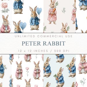 Può includere: Illustrazioni ad acquerello di Peter Coniglio in varie pose, con giacche blu e rosa, che tengono carote, fiori e palloncini. Il testo "PETER RABBIT" è visualizzato, insieme alle dimensioni 30,48 x 30,48 cm.