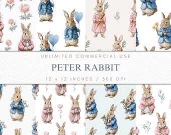 May include: Watercolor illustrations of Peter Rabbit in various poses, wearing blue and pink jackets, holding carrots, flowers, and balloons. The text "PETER RABBIT" is displayed, along with the dimensions 12 x 12 inches.
