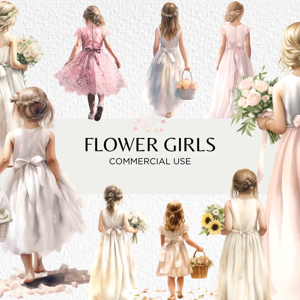 Flower Girl Watercolour Clipart Bundle, 20 Transparent PNG 300 dpi, Cute Flower Girls, View From Behind, Digital Download, Commercial Use