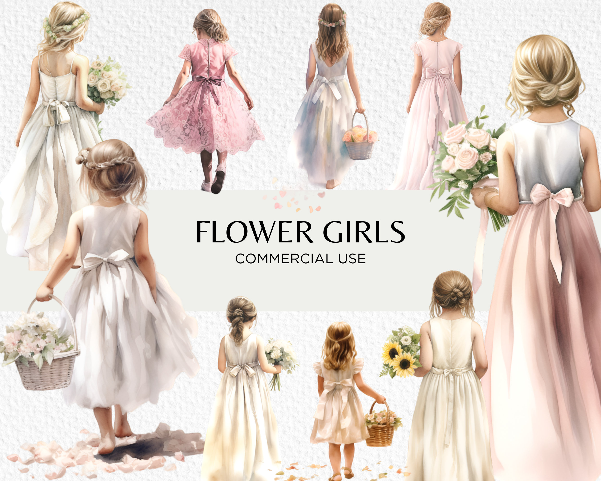 Flower Girl Watercolour Clipart Bundle, 20 Transparent PNG 300 dpi, Cute Flower Girls, View From Behind, Digital Download, Commercial Use