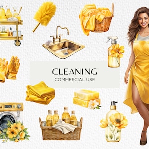 Cleaning Clipart, Yellow Spring Clean, 20 Transparent PNG 300 dpi, Cleaner, Laundry, Chores, Floral Clean, Digital Download Commercial Use