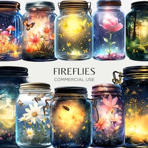 Watercolour Fireflies Clipart Bundle, 18 Transparent PNG Images 300 dpi, Firefly In Magical Mason Jars, Digital Download, Commercial Use