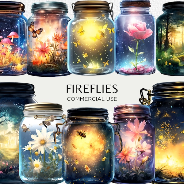 Watercolour Fireflies Clipart Bundle, 18 Transparent PNG Images 300 dpi, Firefly In Magical Mason Jars, Digital Download, Commercial Use