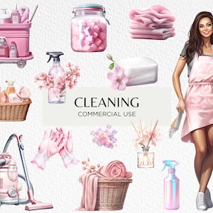 Lot de 20 cliparts aquarelle nettoyage mignon, 20 PNG transparents 300 dpi, nettoyant Girly rose pastel, blanchisserie, téléchargement numérique, usage Commercial