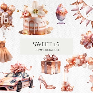 Sweet Sixteen Aquarell Clipart Bundle, 30 transparente isoliert PNG 300 dpi, süßes Mädchen Rose Gold Geburtstag, digitaler Download, kommerzielle Nutzung