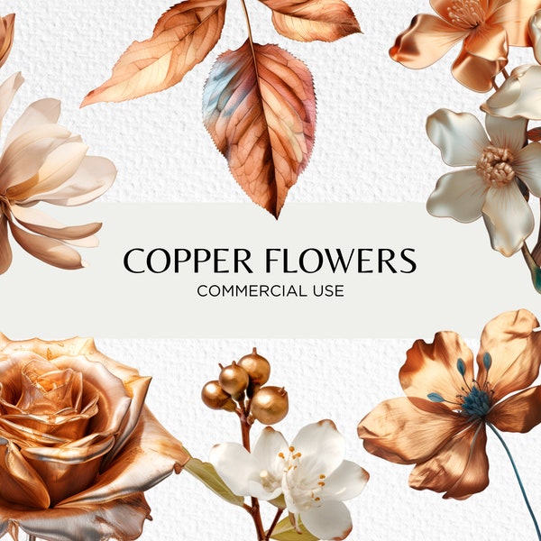 Copper Flowers Watercolour Clipart Bundle, 18 Transparent PNG Images 300 dpi, Metallic Florals, Rust Flower, Digital Download Commercial Use