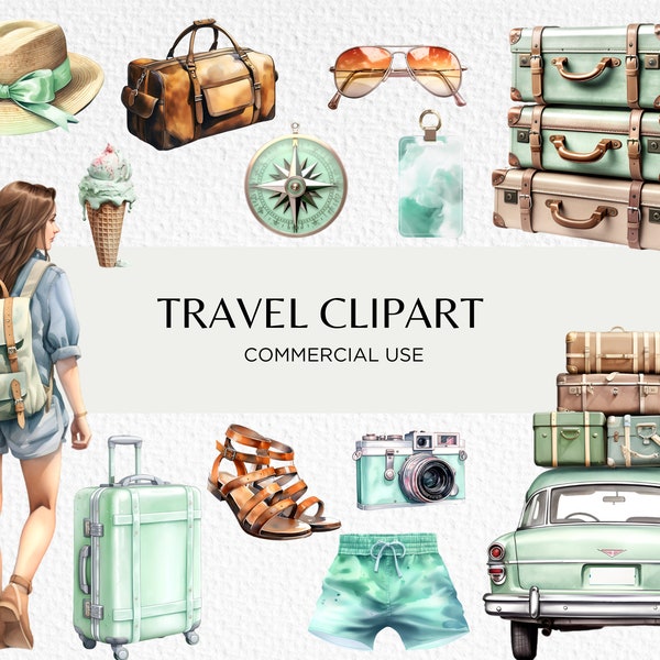 Watercolour Travel Clipart Bundle, 24 Transparent Isolated PNG 300 dpi Cute Girly Pastel Holiday Collection, Digital Download Commercial Use