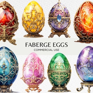 Faberge Eggs Acuarela Clipart, 20 PNG transparente 300 dpi, Huevo de Pascua decorativo, Huevos imperiales rusos, Descarga digital, Uso comercial