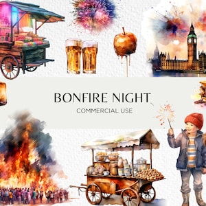 Paquete de imágenes prediseñadas de acuarela de noche de hoguera, 18 PNG transparente 300 dpi, Guy Fawkes, Noche de fuegos artificiales, Carnaval, Descarga digital, Uso comercial