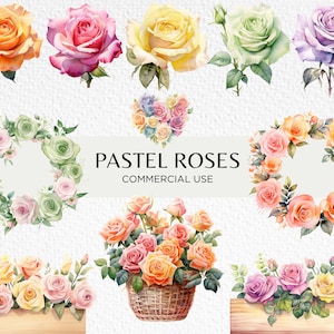 Pastellrosen Aquarell Clipart, 20 transparente PNG 300 dpi, Pastellblumen, Rosenkorb, Rosenpflanzer, digitaler Download, kommerzielle Nutzung