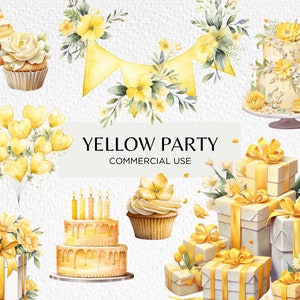 Gelbe Geburtstagsparty-Aquarell-Cliparts, 20 transparente PNG 300 dpi, süße Geburtstagstorte, Pastellballons, digitaler Download, kommerzielle Nutzung