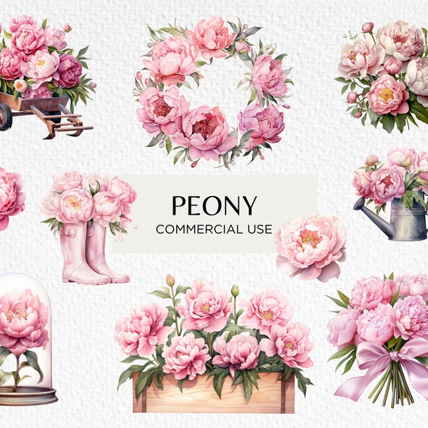 Peonies Watercolour Clipart Bundle, 20 Transparent PNG 300 dpi, Blush Pink Peony Flowers, Cute Peony Garden, Digital Download Commercial Use
