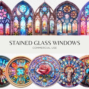 Clipart de vitrais em aquarela, 21 PNG isolados transparentes 300 dpi, janela decorativa de igreja, download digital, uso comercial