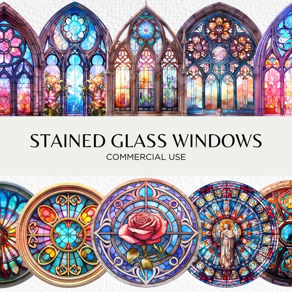 Watercolour Stained Glass Windows Clipart, 21 Transparent Isolated PNG 300 dpi, Decorative Church Window, Digital Download, Commercial Use