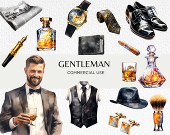 Gentleman Watercolour Clipart Bundle, 22 Transparent PNG 300 dpi, Bachelor Items, Suit & Tie, Whisky, Cigar, Digital Download Commercial Use