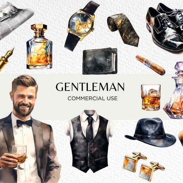 Gentleman Watercolour Clipart Bundle, 22 Transparent PNG 300 dpi, Bachelor Items, Suit & Tie, Whisky, Cigar, Digital Download Commercial Use