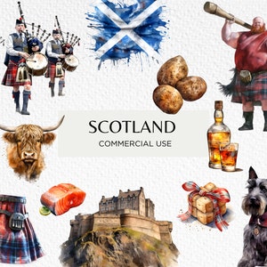 Bundle de cliparts aquarelle Écosse, 18 PNG transparents 300 dpi, jeux des Highlands, cornemuse écossaise, Haggis, téléchargement numérique, usage Commercial