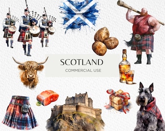 Scotland Watercolour Clipart Bundle, 18 Transparent PNG 300 dpi, Highland Games, Scottish Bagpipes, Haggis, Digital Download, Commercial Use