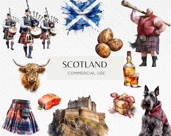 Pacchetto Clipart dell'acquerello della Scozia, 18 PNG trasparente 300 dpi, Giochi delle Highland, Cornamuse scozzesi, Haggis, Download digitale, Uso commerciale