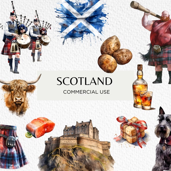 Bundle de cliparts aquarelle Écosse, 18 PNG transparents 300 dpi, jeux des Highlands, cornemuse écossaise, Haggis, téléchargement numérique, usage Commercial