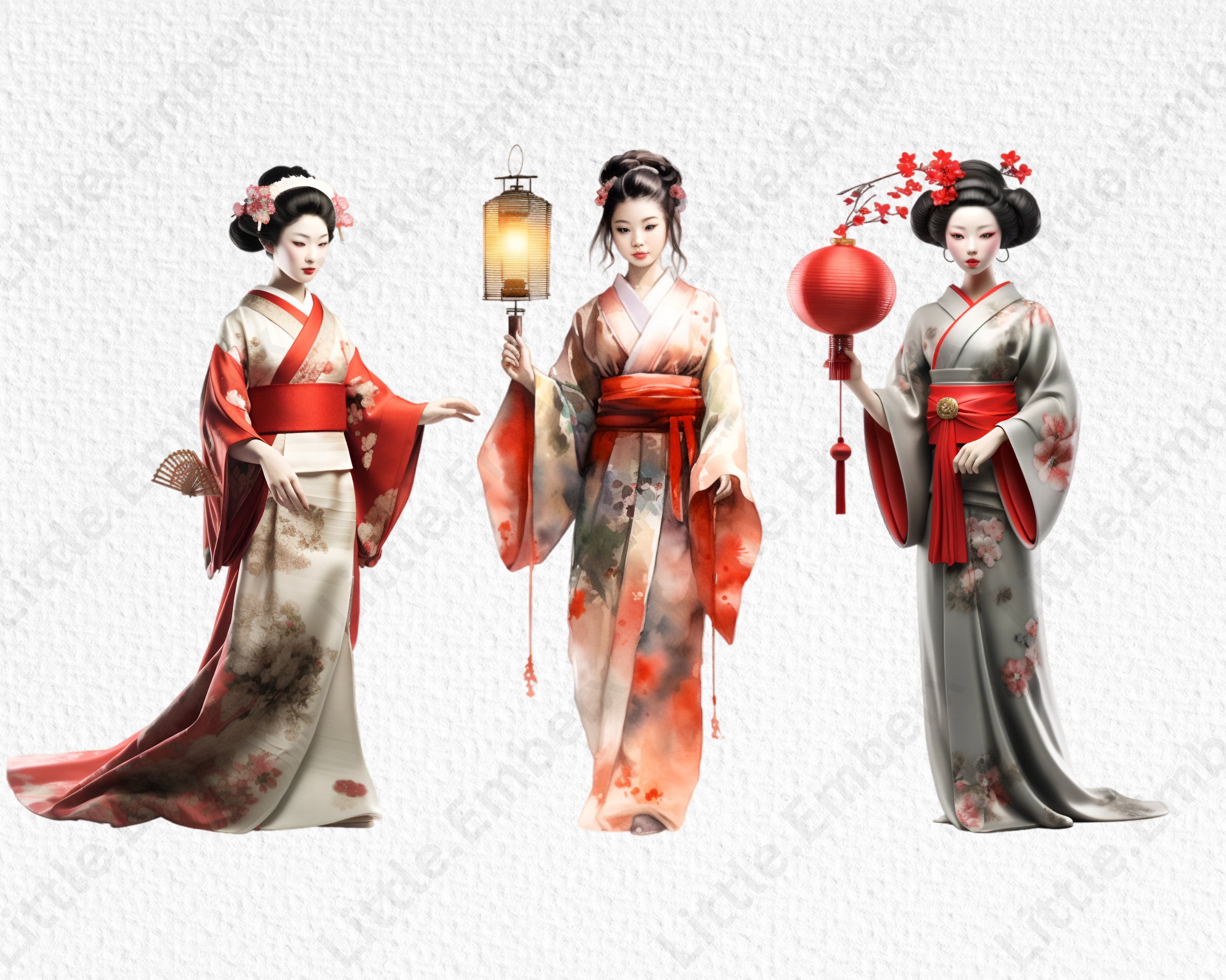 Geisha Girls Clipart Bundle, 16 Transparent PNG 300 Dpi, Japanese ...
