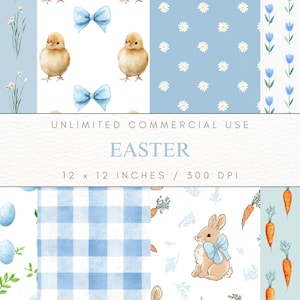 May include: A collection of watercolor Easter-themed patterns. Designs include chicks, bows, daisies, tulips, eggs, carrots, a bunny, and gingham. The patterns are on a light blue background. The text "UNLIMITED COMMERCIAL USE" and "EASTER" are also included.