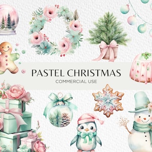 Clipart fofo de aquarela de Natal pastel, 20 PNG transparentes 300 dpi, gráficos femininos de Natal rosa e verde, download digital, uso comercial