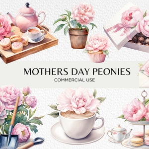 Día de las Madres Peonías Acuarela Clipart, 20 PNG transparente 300 dpi, Lindo Jardín de Primavera, Flores Rosadas, Descarga Digital, Uso Comercial