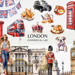 Clipart aquarela de Londres, 20 PNG transparente 300dpi, Grã-Bretanha, viagens pela cidade, horizonte de Londres, caixa de correio, download digital uso comercial