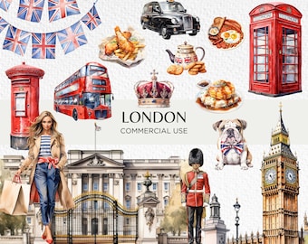 Puede incluir: Una ilustración de acuarela de monumentos de Londres, incluyendo el Big Ben, un autobús de dos pisos rojo, una cabina telefónica roja, el Palacio de Buckingham y una mujer con una camisa a rayas y pantalones vaqueros. La ilustración también incluye una corona, un bulldog y un plato de comida.