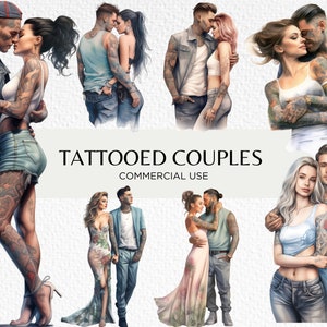 Pacote de clipart de casal tatuado em aquarela, 16 PNG transparentes 300 dpi, lindo casal fashion apaixonado, tinta, download digital, uso comercial