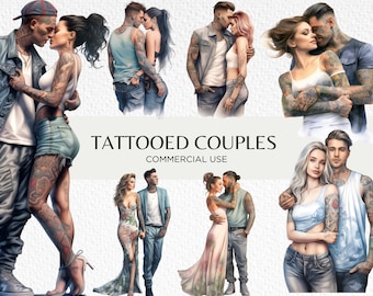 Watercolour Tattooed Couple Clipart Bundle, 16 Transparent PNG 300 dpi, Cute Fashion Couple In Love, Ink, Digital Download, Commercial Use