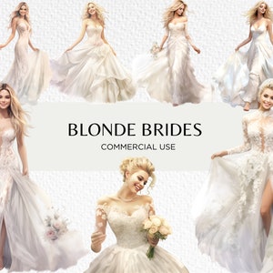 Blonde Braut Aquarell Clipart Bundle, 18 transparente PNG 300 dpi, Braut mit blonden Haaren, Hochzeitskunst, digitaler Download, kommerzielle Nutzung
