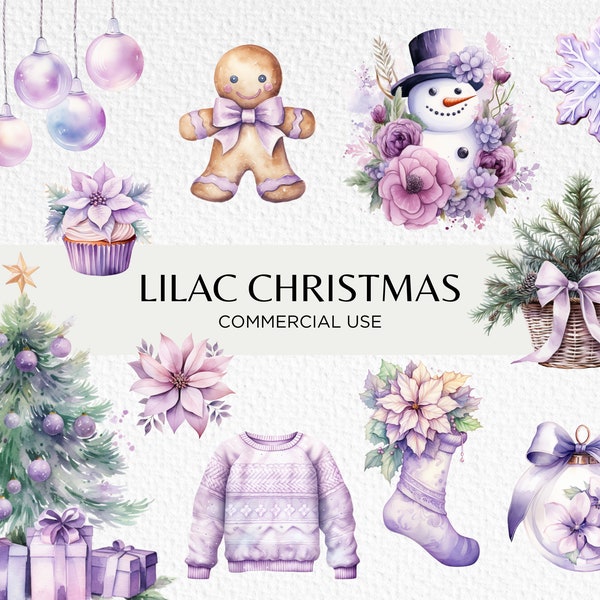 Cute Lilac Christmas Watercolour Clipart, 20 Transparent PNG 300 dpi, Girly Purple Xmas Graphics, Presents, Digital Download, Commercial Use