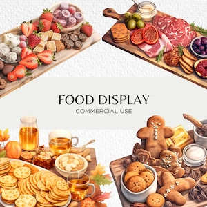 Pode incluir: Quatro tábuas de charcutaria diferentes com vários alimentos, incluindo frutas, queijo, bolachas e doces. As tábuas são de madeira e têm um visual rústico. O texto "FOOD DISPLAY COMMERCIAL USE" está escrito em branco sobre um fundo branco.