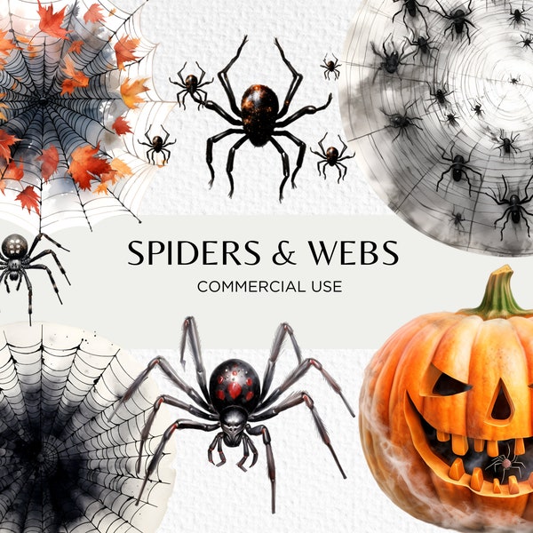 Spiders And Webs Watercolour Clipart Bundle, 10 Transparent PNG 300 dpi, Spiderwebs, Spooky Halloween, Digital Download, Commercial Use