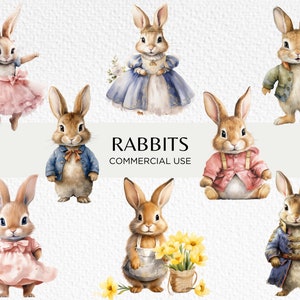 Niedliche Kaninchen Aquarell Clipart, 20 transparente PNG 300 dpi, Osterhase, Frühling Hasen Kleidung tragen, digitaler Download, kommerzielle Nutzung