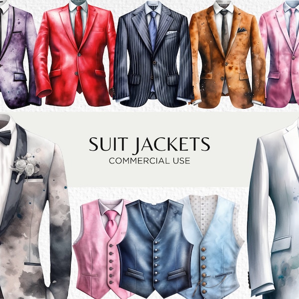 Suit Jackets & Waistcoats Watercolour Clipart Bundle, 18 Transparent Isolated PNG 300 dpi, Men's Suits, Digital Download, Commercial Use