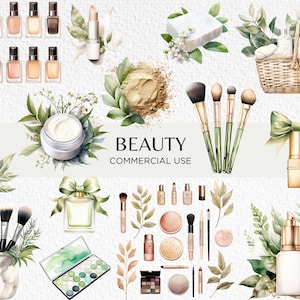 Beauty Clipart Acquerello, 20 PNG trasparenti 300dpi, Truccatore, ClipArt di trucco neutro, Prodotti botanici, Download digitale, Uso commerciale