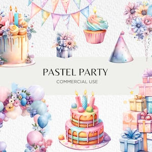 Paquete de imágenes prediseñadas de acuarela de fiesta de cumpleaños pastel, 20 PNG transparente 300 ppp, pastel de cumpleaños lindo, globos, descarga digital, uso comercial