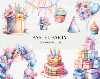 Pastel Birthday Party Watercolour Clipart Bundle, 20 Transparent PNG 300 dpi, Cute Birthday Cake, Balloons, Digital Download, Commercial Use