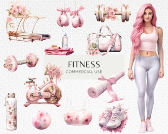 Pink Fitness Watercolour Clipart, 22 Transparent PNG 300 dpi Cute Gym Equipment, Pastel Exercise, Workout, Digital Download, Commercial Use
