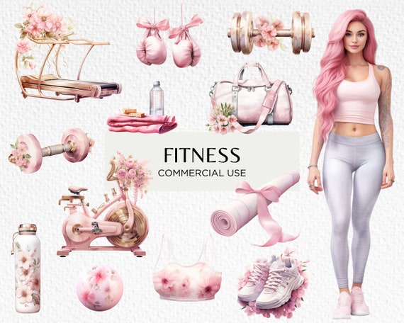 Pink Fitness Watercolour Clipart, 22 Transparent PNG 300 Dpi Cute