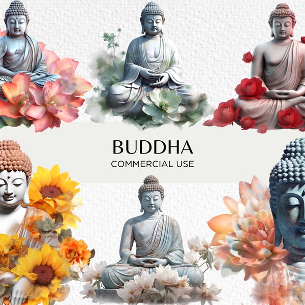 Buddha Clipart Bundle, 14 Transparent PNG 300 dpi, Floral Buddha Statue, Buddhism Enlightenment, Digital Download Commercial Use