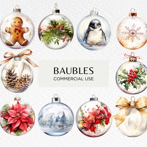 Christmas Baubles Watercolour Clipart, 20 Transparent PNG 300 dpi, Festive Ornaments, Tree Decorations, Digital Download, Commercial Use