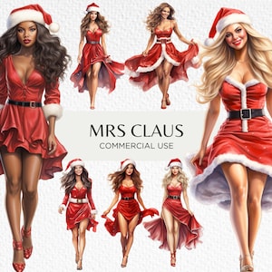 Mrs Claus Weihnachten Aquarell Clipart, 20 transparente PNG 300 dpi, Frau im Sexy Santa Outfit, Mrs Santa, digitaler Download, kommerzielle Nutzung