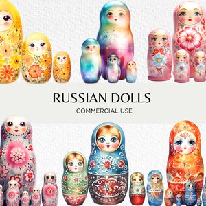 Pacote de clipart em aquarela de bonecas russas, 16 PNG transparentes 300dpi, boneca matryoshka fofa, arte popular russa, download digital para uso comercial