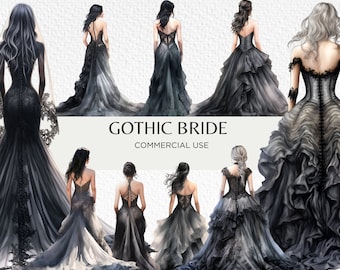 Pacote de clipart em aquarela de vestidos de casamento pretos, 20 PNG isolados transparentes 300 dpi, vestido de noiva gótico, download digital para uso comercial