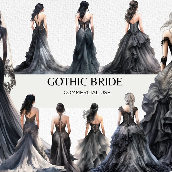 Black Wedding Dresses Watercolour Clipart Bundle, 20 Transparent Isolated PNG 300 dpi, Gothic Bride Gown, Digital Download Commercial Use